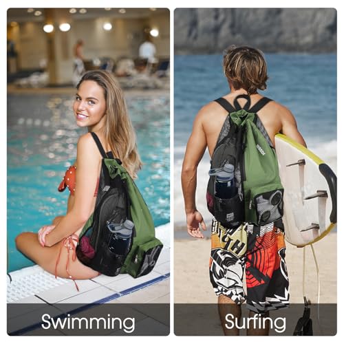 WANDF Swim Bag Mesh Drawstring Backpack with Wet Pocket Beach Backpack for Swimming, Gym, and Workout Gear (Dark green) - Image 2