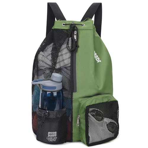 WANDF Swim Bag Mesh Drawstring Backpack with Wet Pocket Beach Backpack for Swimming, Gym, and Workout Gear (Dark green) - Image 1