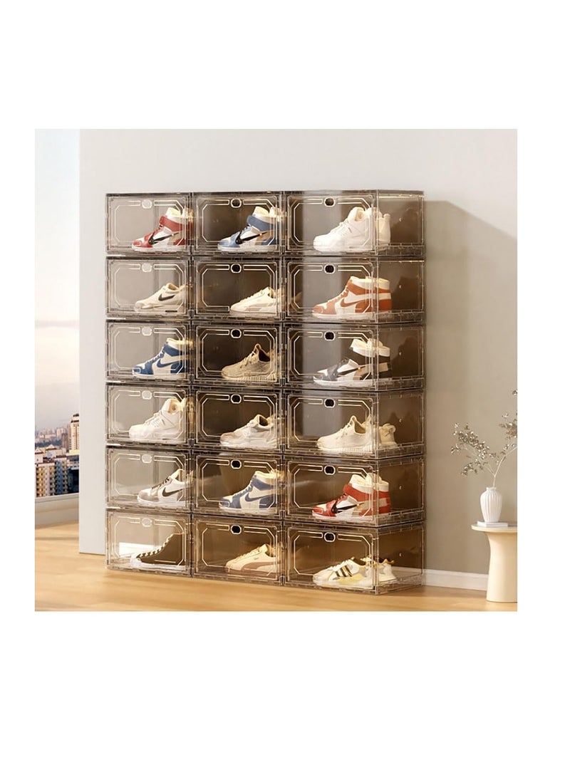 Stackable Shoe Box Large Shoe Storage Box Plastic Clear Sneaker Display Box with Magnetic Door for Shoes, Hat, Bags and Closet Organizer and Display (Grey, 10Pcs)