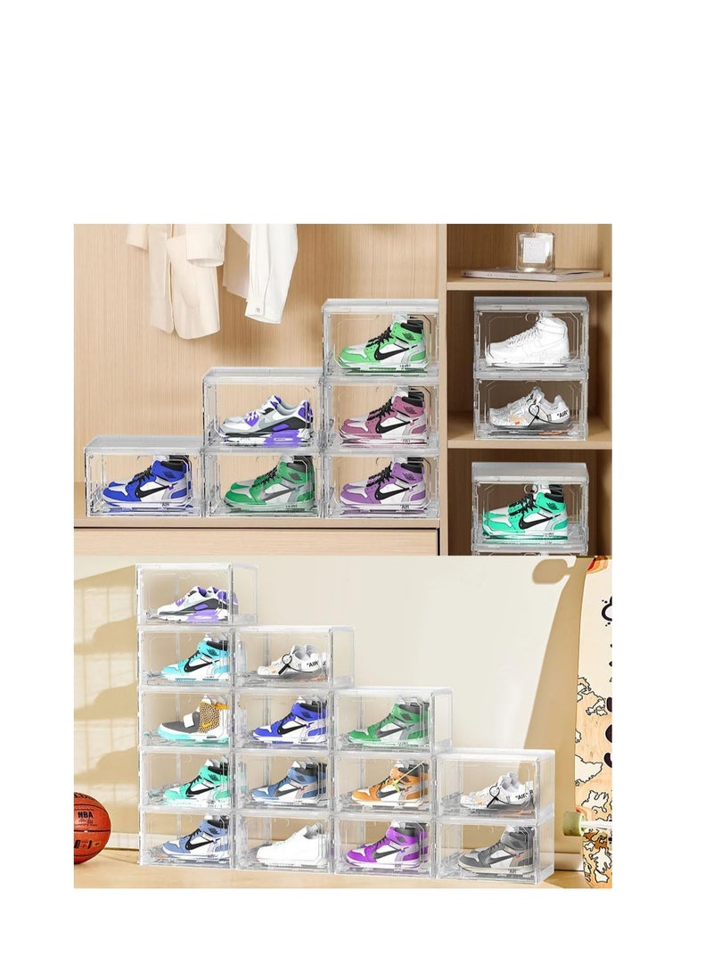 Stackable Shoe Box Large Shoe Storage Box Plastic Clear Sneaker Display Box with Magnetic Door for Shoes, Hat, Bags and Closet Organizer and Display (Grey, 10Pcs)