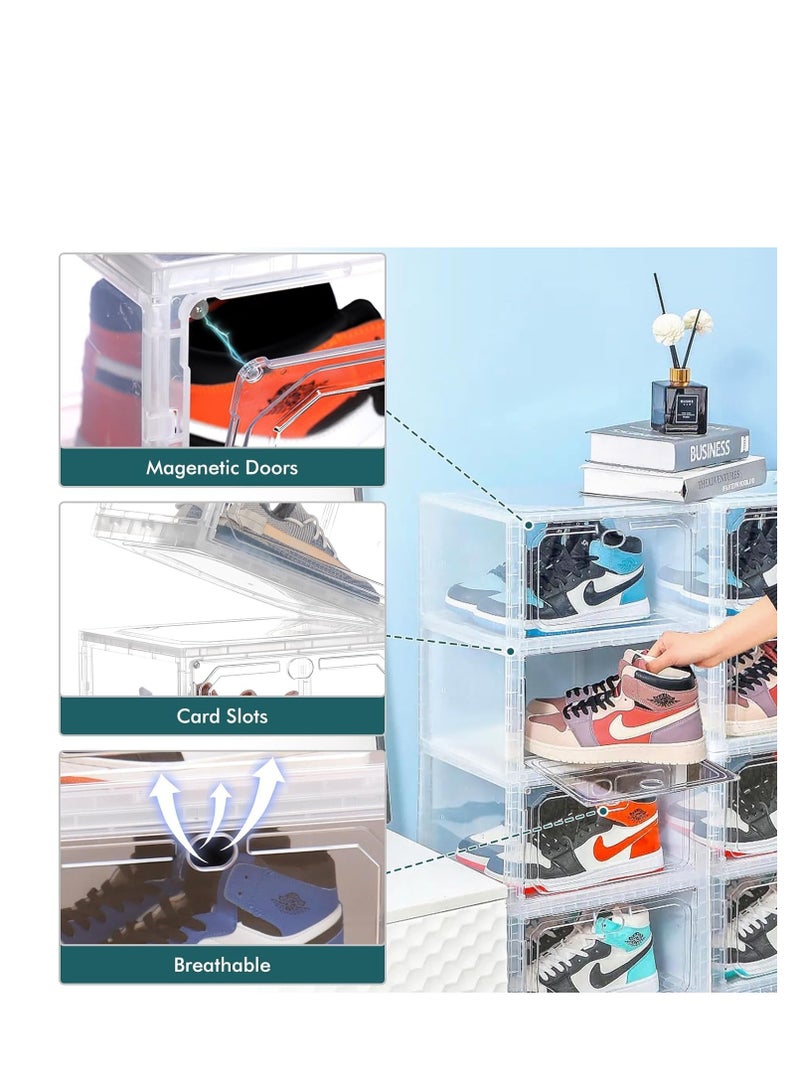 Stackable Shoe Box Large Shoe Storage Box Plastic Clear Sneaker Display Box with Magnetic Door for Shoes, Hat, Bags and Closet Organizer and Display (Grey, 10Pcs)