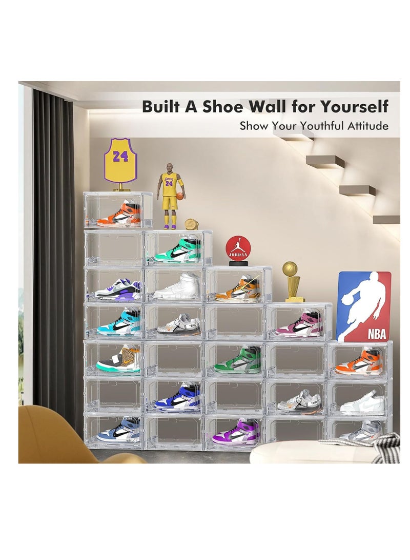 Stackable Shoe Box Large Shoe Storage Box Plastic Clear Sneaker Display Box with Magnetic Door for Shoes, Hat, Bags and Closet Organizer and Display (Grey, 10Pcs)