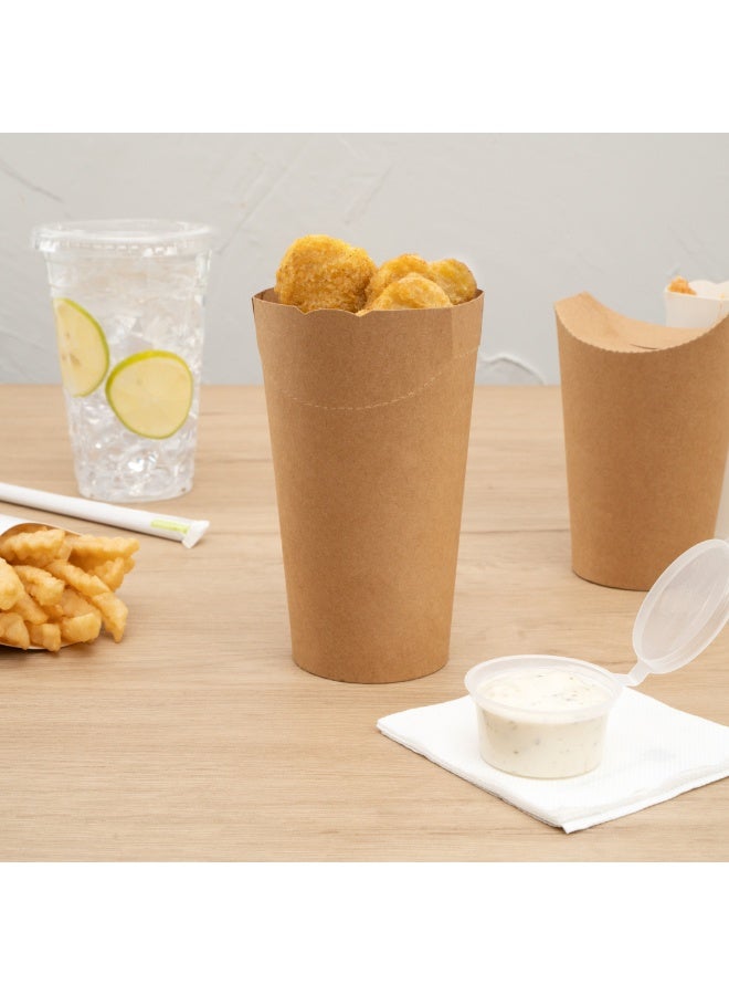 Restaurantware Bio Tek 20 Ounce French Fry Cups, 100 Disposable French Fry Holders - With Fold-Down Cover, Tab Lock Closure, Kraft Paper Fry Cups, For Onion Rings, Chips, or Popcorn, Stackable  - Image 3
