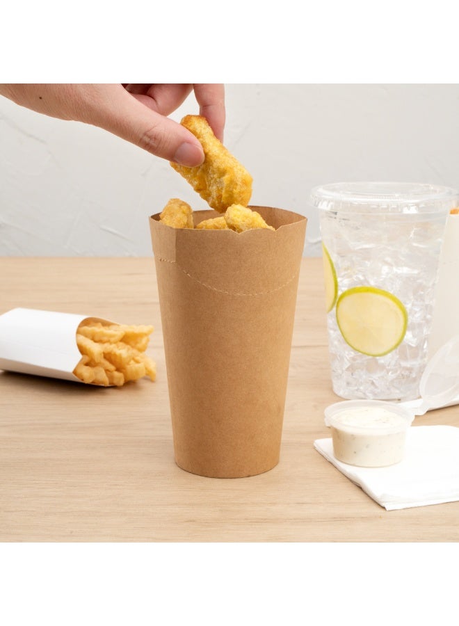 Restaurantware Bio Tek 20 Ounce French Fry Cups, 100 Disposable French Fry Holders - With Fold-Down Cover, Tab Lock Closure, Kraft Paper Fry Cups, For Onion Rings, Chips, or Popcorn, Stackable  - Image 5