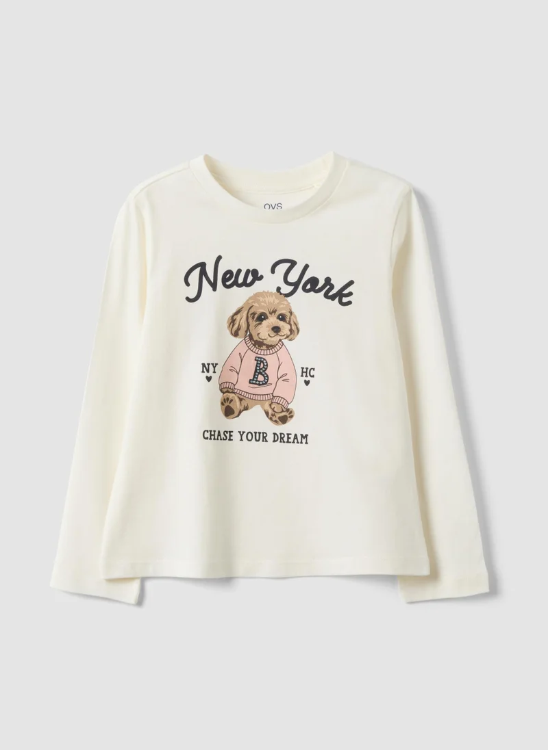 او في اس OVS White Pure Organic Cotton T-Shirt With Puppy Print For Girls