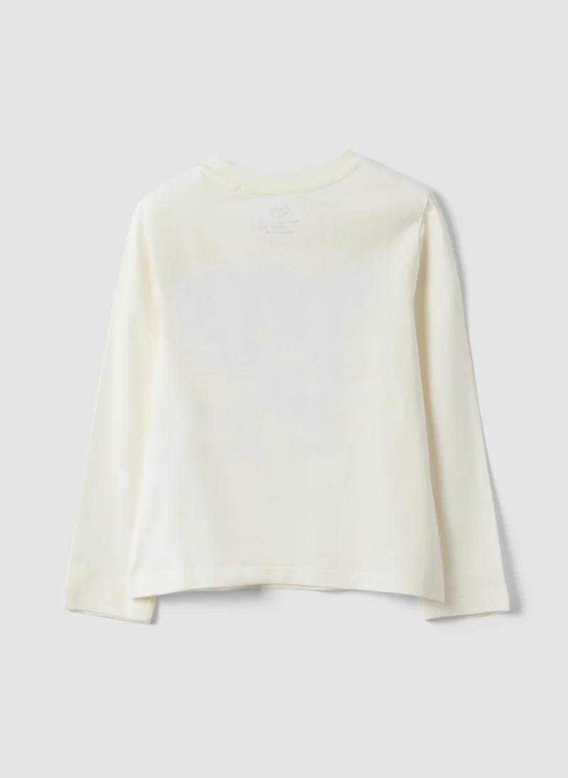 او في اس OVS White Pure Organic Cotton T-Shirt With Puppy Print For Girls