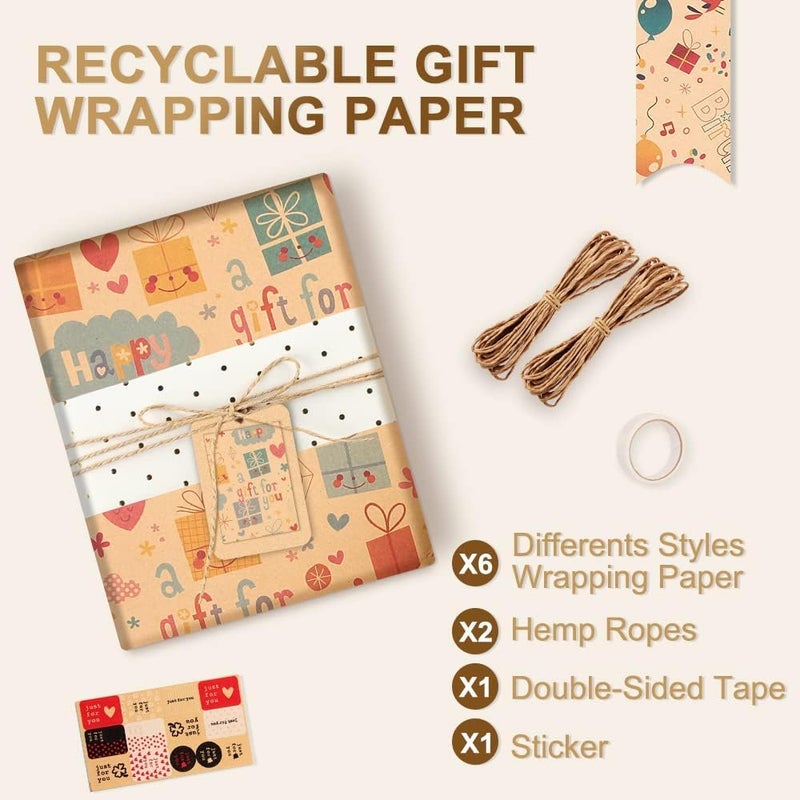 KASTWAVE 10 Pack Gift Wrapping Paper Set, Eco Friendly Recyclable Premium Wrap with Tape Rope Sticker, 70x50cm for Party Decorations - Image 2