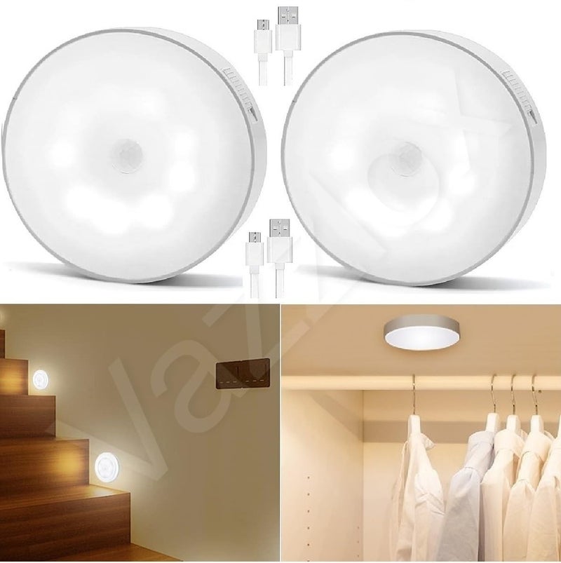 VazzLox Motion Sensor Light for Home (Pack of 2) with USB Charging Wireless Self Adhesive LED Body Induction Lamp Sensor Light for Wardrobe Lights with Sensor Night Light for Cupboard Stairs (White) - Image 1