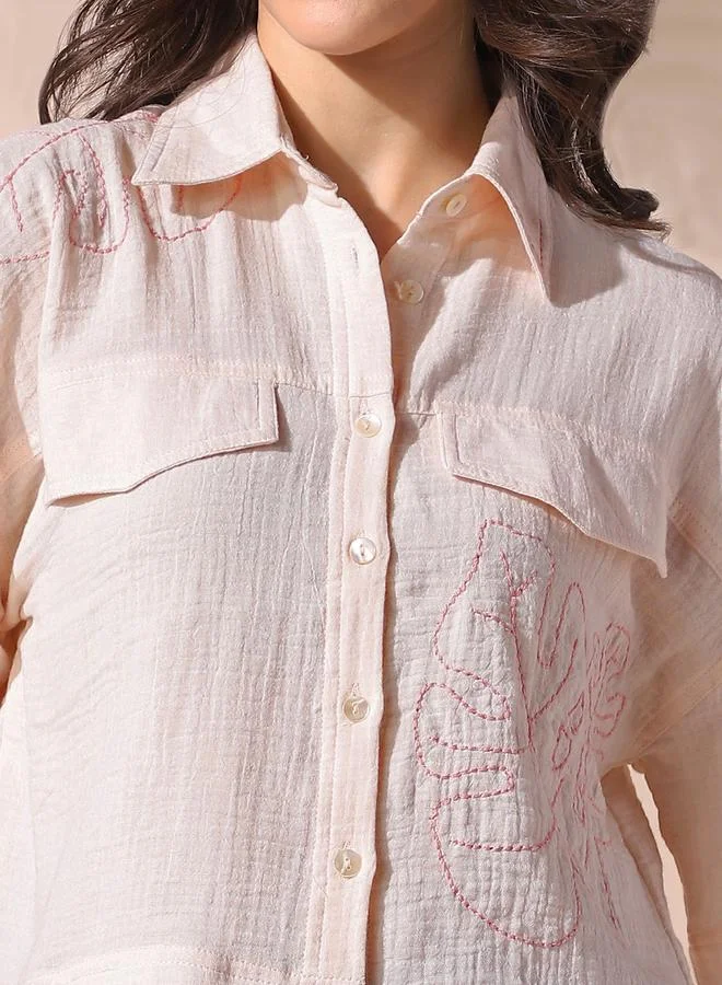 Dennis Lingo Women's Off White 100% Cotton Solid Pattern Button Down Relaxed Shirt