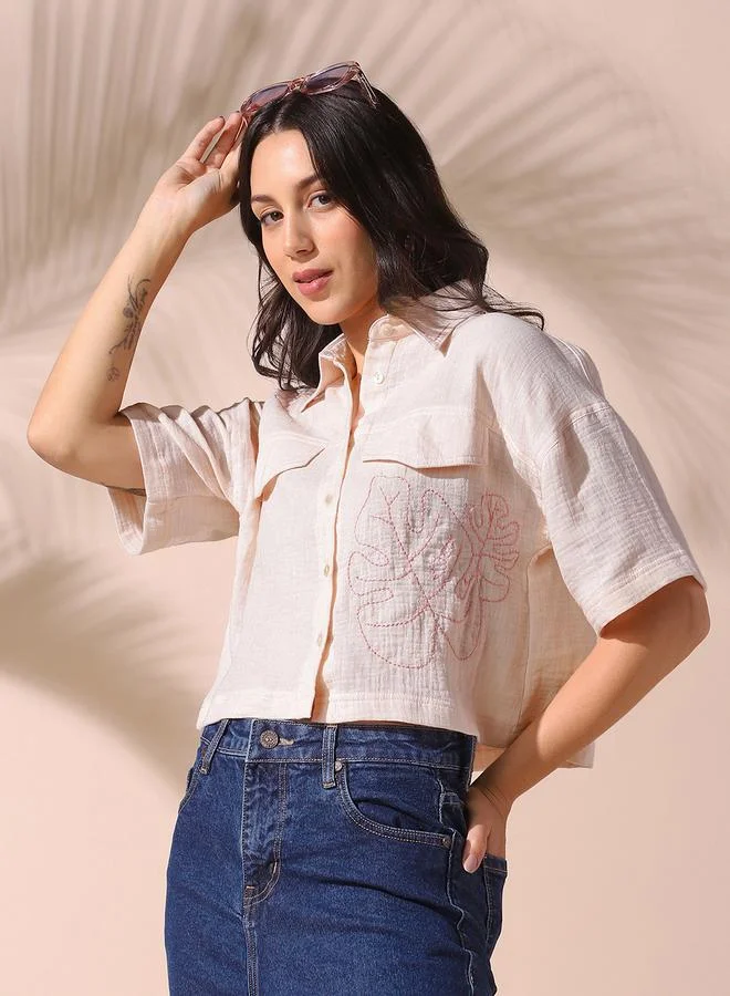 Dennis Lingo Women's Off White 100% Cotton Solid Pattern Button Down Relaxed Shirt