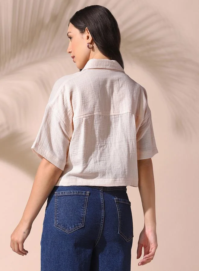 Dennis Lingo Women's Off White 100% Cotton Solid Pattern Button Down Relaxed Shirt