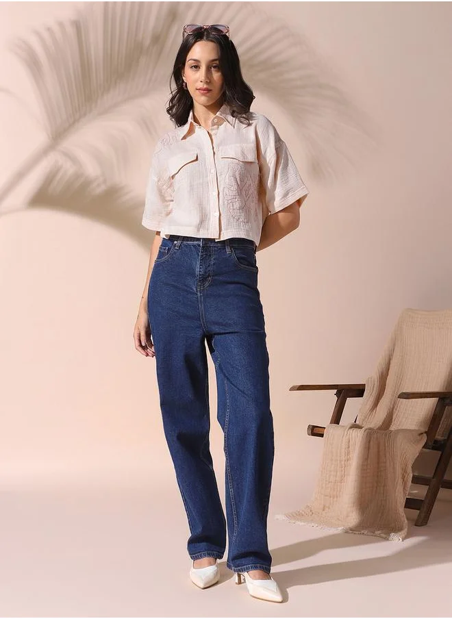 Dennis Lingo Women off white relaxed fit solid half sleeves button down 100% cotton shirts with button closure featuring a spread collar- a fresh take on timeless style.