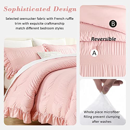 ALEISSEL Blush Pink Comforter Set Queen Seersucker Design with Ruffled Edges, Ultra-Soft Pink Bedding Set Queen Size 3 Piece Set, Down Alternative Light-Weight Comforter Set(Blush Pink,Queen) - Image 3