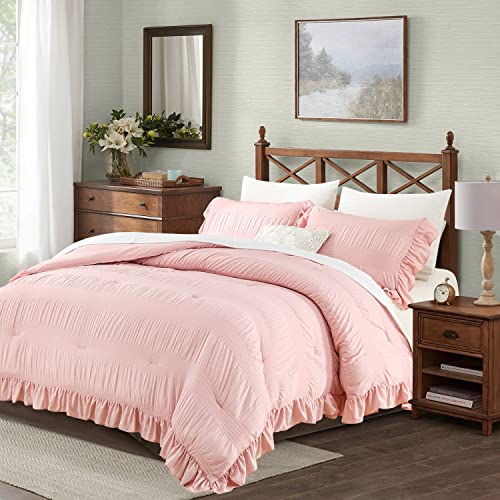 ALEISSEL Blush Pink Comforter Set Queen Seersucker Design with Ruffled Edges, Ultra-Soft Pink Bedding Set Queen Size 3 Piece Set, Down Alternative Light-Weight Comforter Set(Blush Pink,Queen) - Image 2