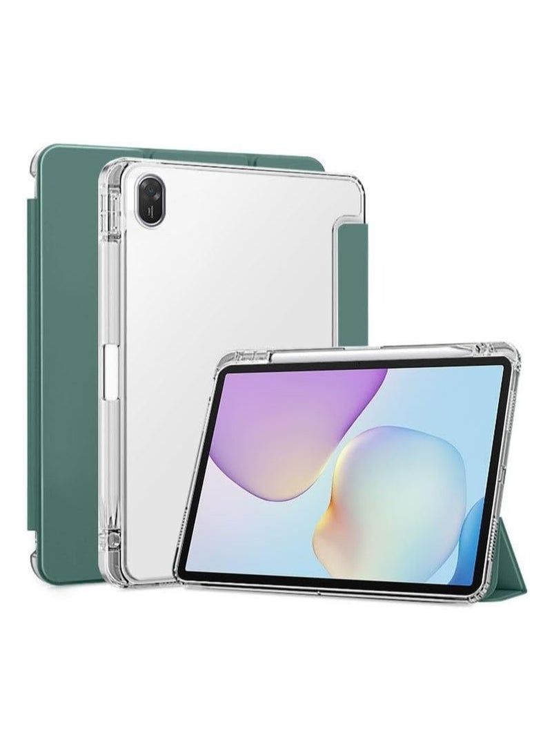 Protective case compatible with Huawei MatePad 11.5-inch 2026 pad, featuring a transparent back cover and foldable pen sleeve with pen holder, plus auto sleep/wake functionality.