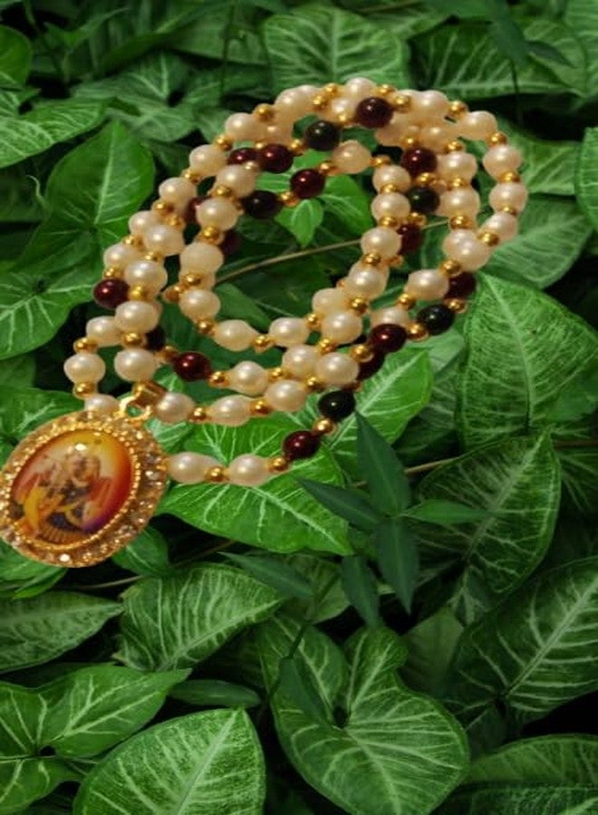 Bhumi Creation Traditional Pearl Beaded Necklace with Religious Pendant, Gold-Toned Accents, White and Maroon - Image 3
