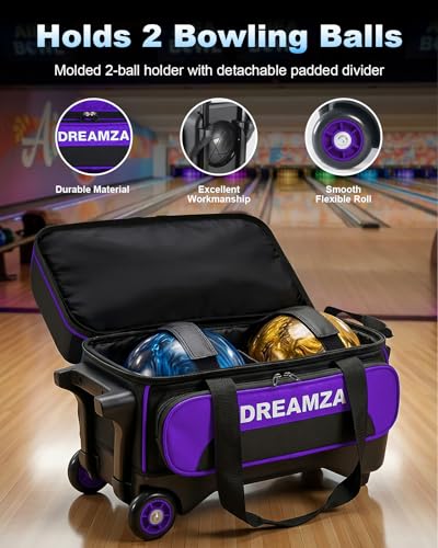DREAMZA 2 Ball Bowling Bag with Wheels, Double Bowling Ball Bag 2 Ball Roller w/Separate Compartment for Shoes Up to US Mens Size 16, w/Retractable Handle Extends to 40" & Accessories Pocket - Image 3