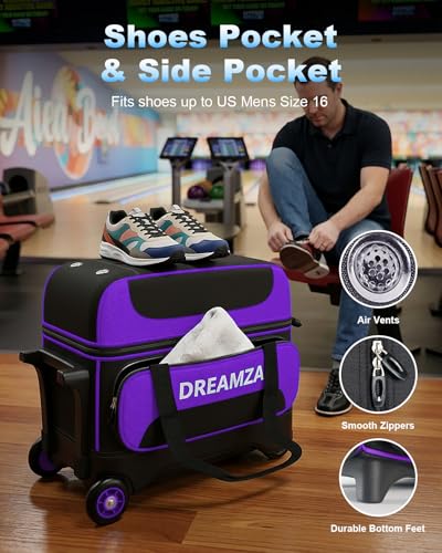 DREAMZA 2 Ball Bowling Bag with Wheels, Double Bowling Ball Bag 2 Ball Roller w/Separate Compartment for Shoes Up to US Mens Size 16, w/Retractable Handle Extends to 40" & Accessories Pocket - Image 4
