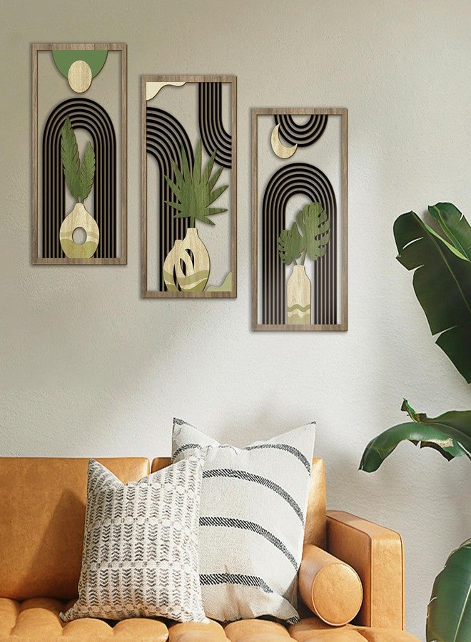 Bnesi 3 Piece Abstract Boho Wall Art Decor Minimalist Modern Wooden Wall Art Mid-Century Modern Wall Art Set of 3 Wall Decor for Living Room Bedroom Bathroom Kitchen (Natural, Medium) - Image 4
