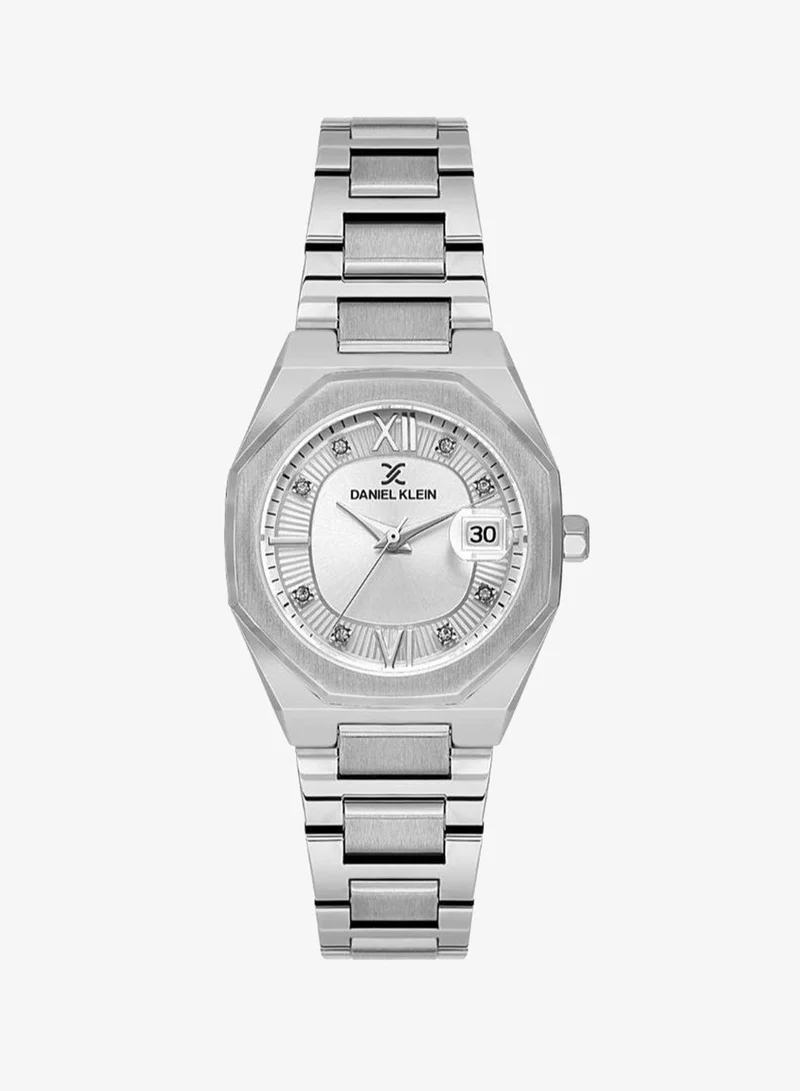 Daniel Klein Women's Stainless Steel Silver Alloy Case Analog Silver Round Emboss Dial Japanese Quartz Premium 30 Meters Water Resistant