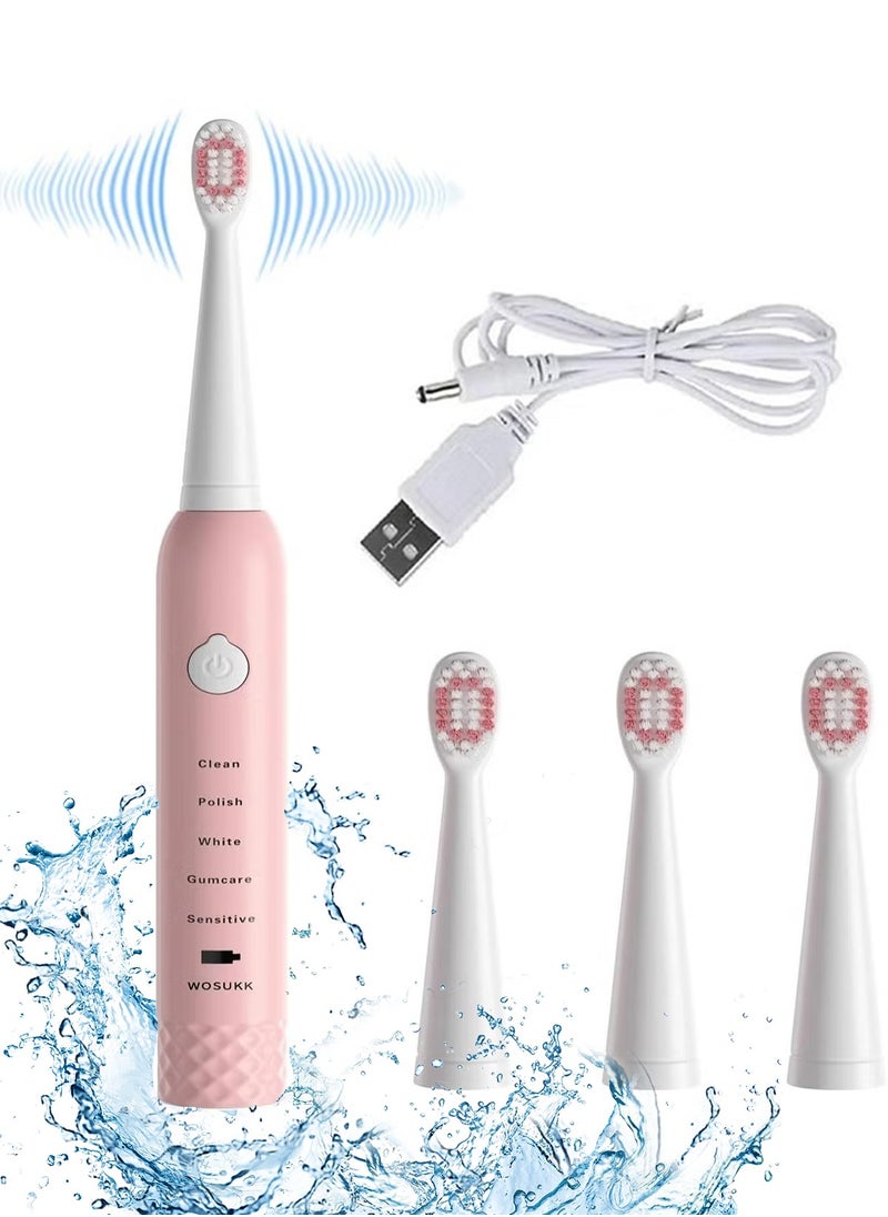 PRIMO PLUS Electric USB Rechargeable Toothbrush, Powerful Electric Toothbrush Rechargeable Ultrasonic Washable Electronic Whitening Waterproof Teeth Brush Pink  - Image 1