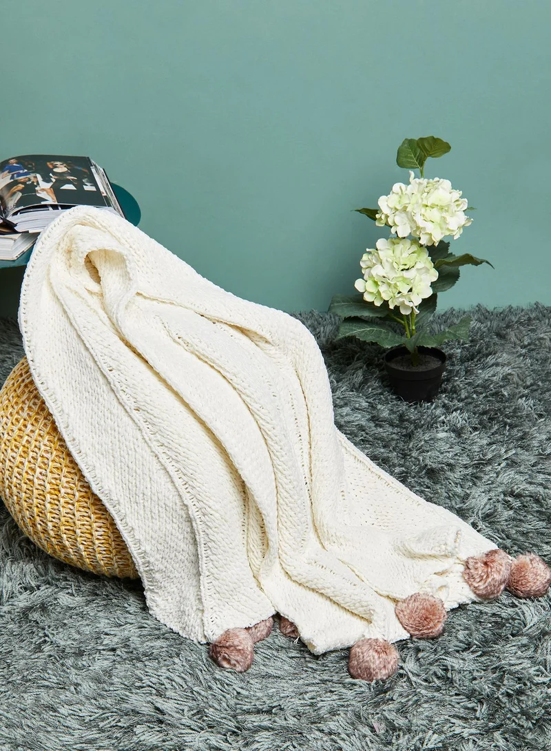 AURORA Knitted Pom Pom Blanket 130Cm X 160Cm