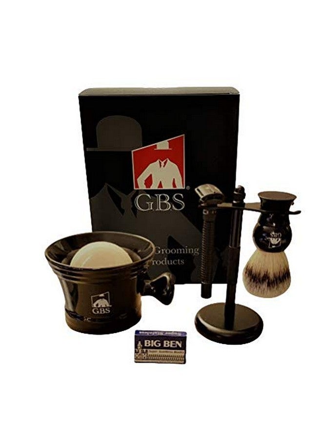 G.B.S .B.S Men'S Grooming Set Double Edge Safety Razor Rubber Coated Butterfly Nonslip Long Razor Allnatural Soap Synthetic Brush Stand Ceramic Mug Includes 15 De Blades - Image 2