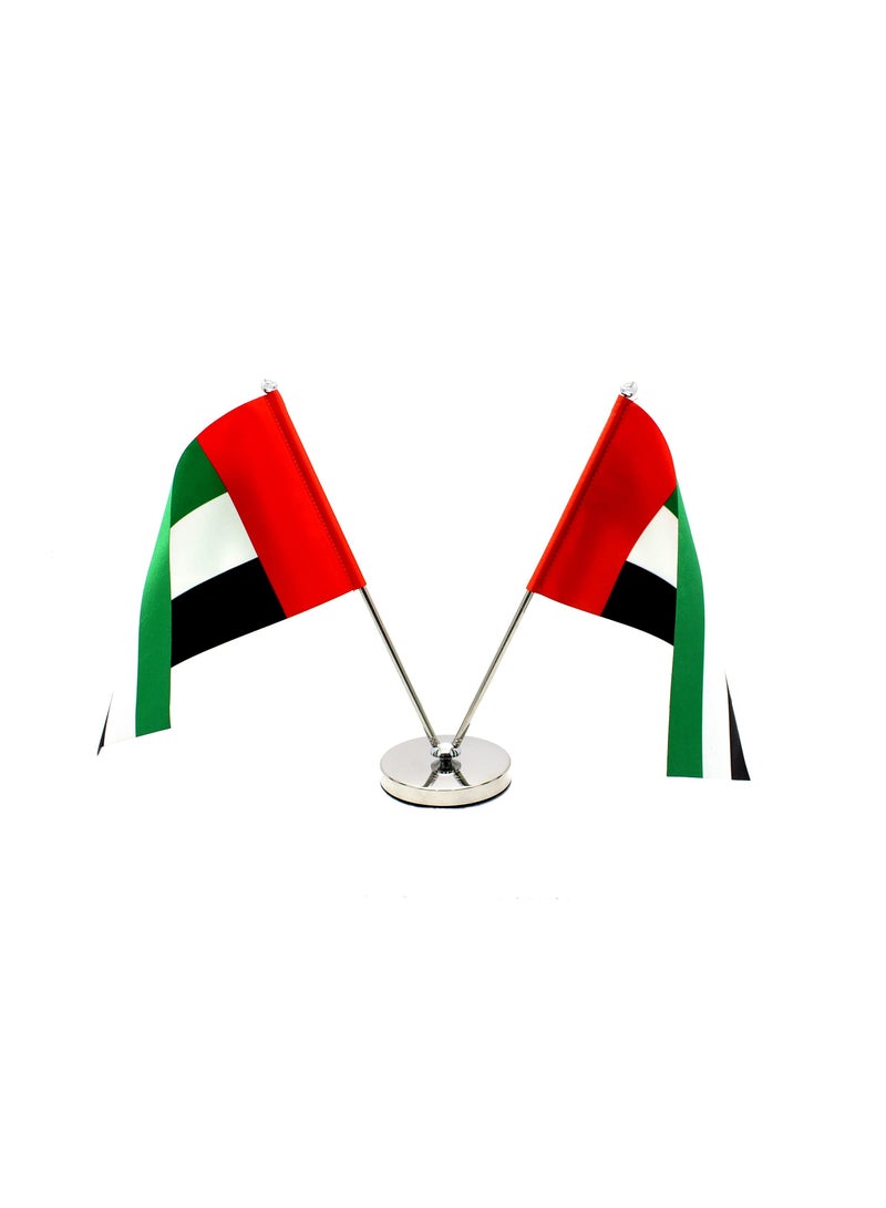 ماركة غير محددة حامل علم طاولة معدني لدولة الإمارات العربية المتحدة - حامل سارية علم قابل للتعديل للمكتب أو المنزل أو المكتب أو الأحداث لتزيين طاولة المؤتمرات - حامل أعلام صغيرة مزدوجة على شكل حرف V - حامل علم معدني للمدارس  - Image 1