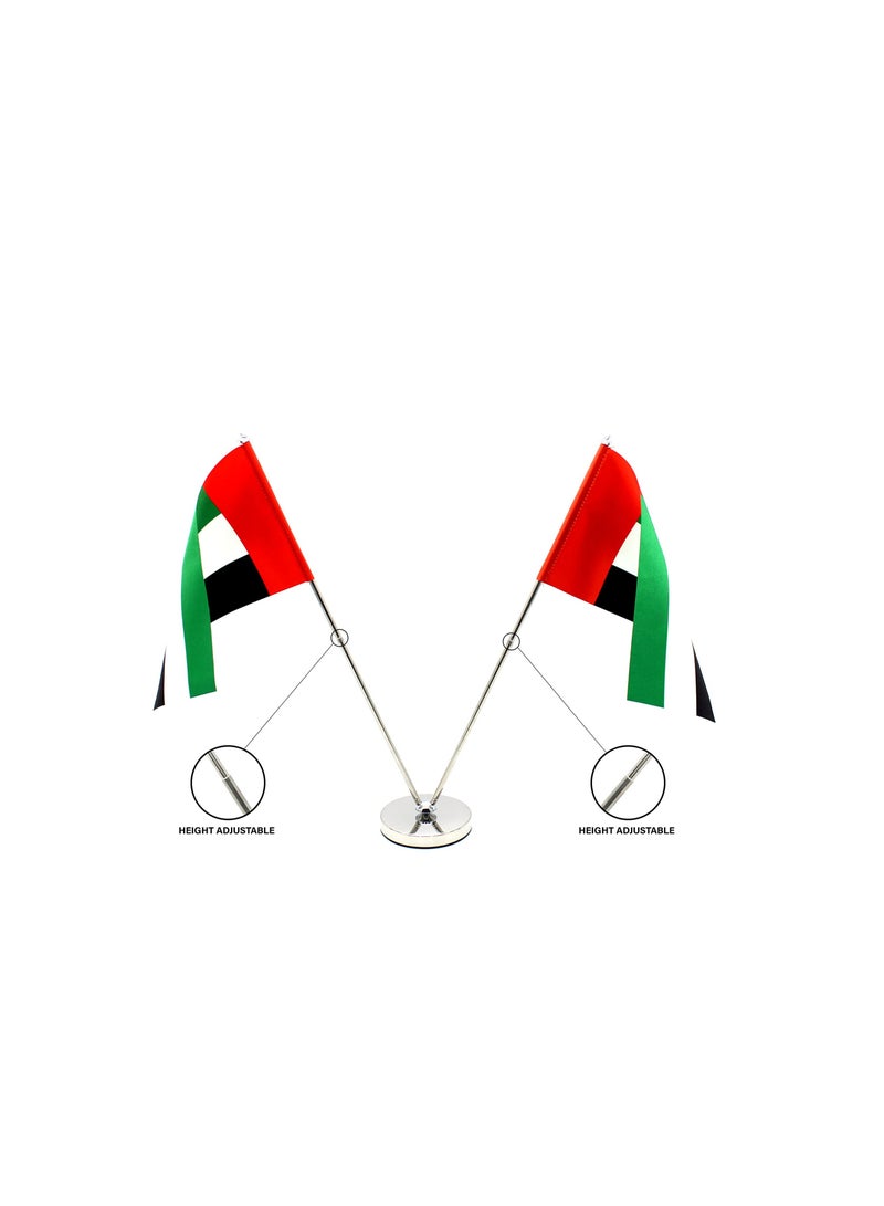 ماركة غير محددة حامل علم طاولة معدني لدولة الإمارات العربية المتحدة - حامل سارية علم قابل للتعديل للمكتب أو المنزل أو المكتب أو الأحداث لتزيين طاولة المؤتمرات - حامل أعلام صغيرة مزدوجة على شكل حرف V - حامل علم معدني للمدارس  - Image 2