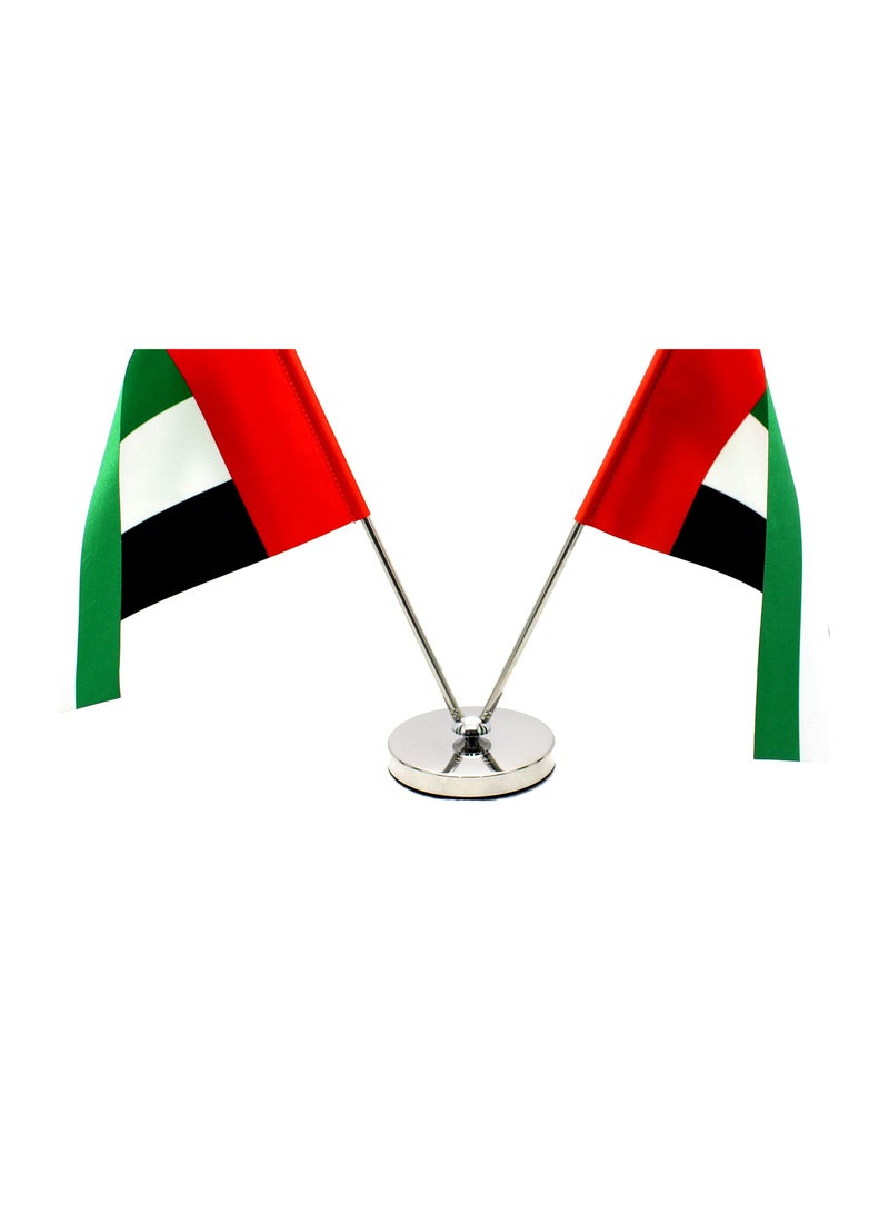 ماركة غير محددة حامل علم طاولة معدني لدولة الإمارات العربية المتحدة - حامل سارية علم قابل للتعديل للمكتب أو المنزل أو المكتب أو الأحداث لتزيين طاولة المؤتمرات - حامل أعلام صغيرة مزدوجة على شكل حرف V - حامل علم معدني للمدارس  - Image 4