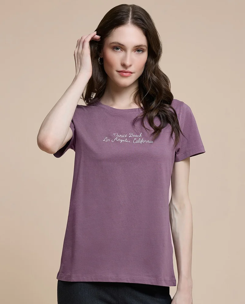 أر أند بي Typography Print T-Shirt With Crew Neck And Short Sleeves