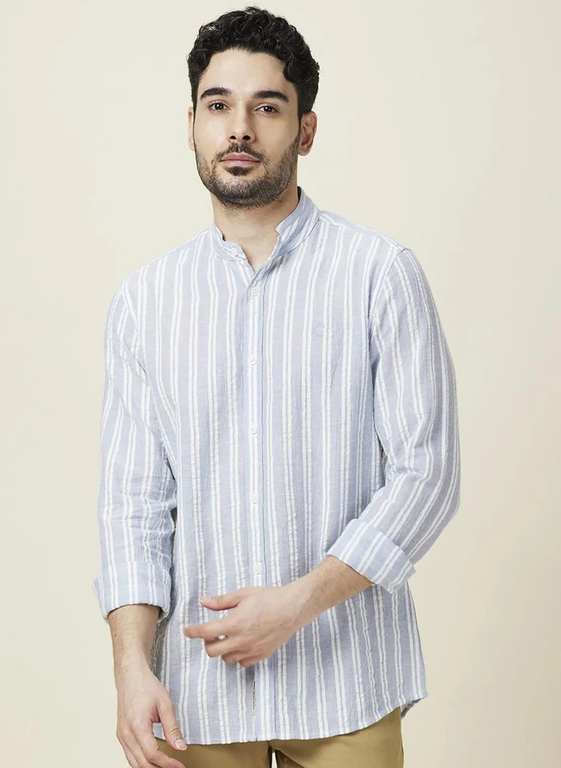 بيينغ هيومان Men Classic Band Collar Vertical Striped Cotton Casual Shirt