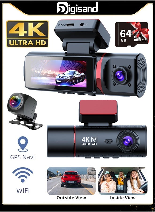 Digisand 3 Channel Car DVR UHD 3840*2160 4K 3-Lens Inside Vehicle Dash Cam Recorder Video Registrator GPS Camcorder Free 64GB SD Card  - Image 1