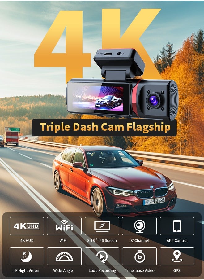 Digisand 3 Channel Car DVR UHD 3840*2160 4K 3-Lens Inside Vehicle Dash Cam Recorder Video Registrator GPS Camcorder Free 64GB SD Card  - Image 2