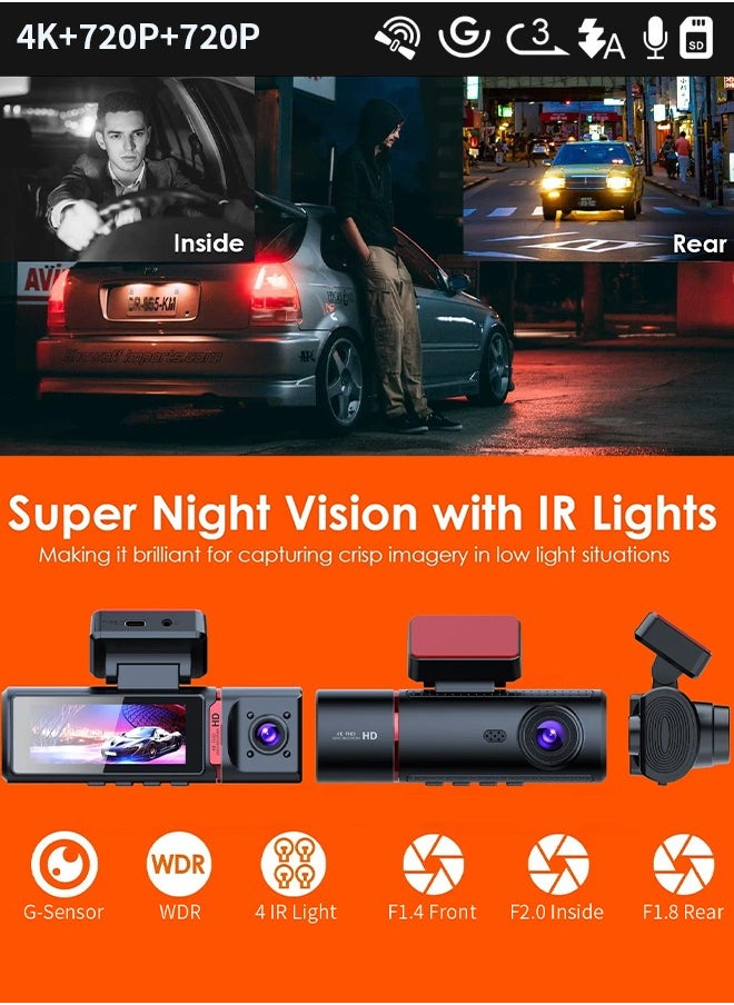 Digisand 3 Channel Car DVR UHD 3840*2160 4K 3-Lens Inside Vehicle Dash Cam Recorder Video Registrator GPS Camcorder Free 64GB SD Card  - Image 4