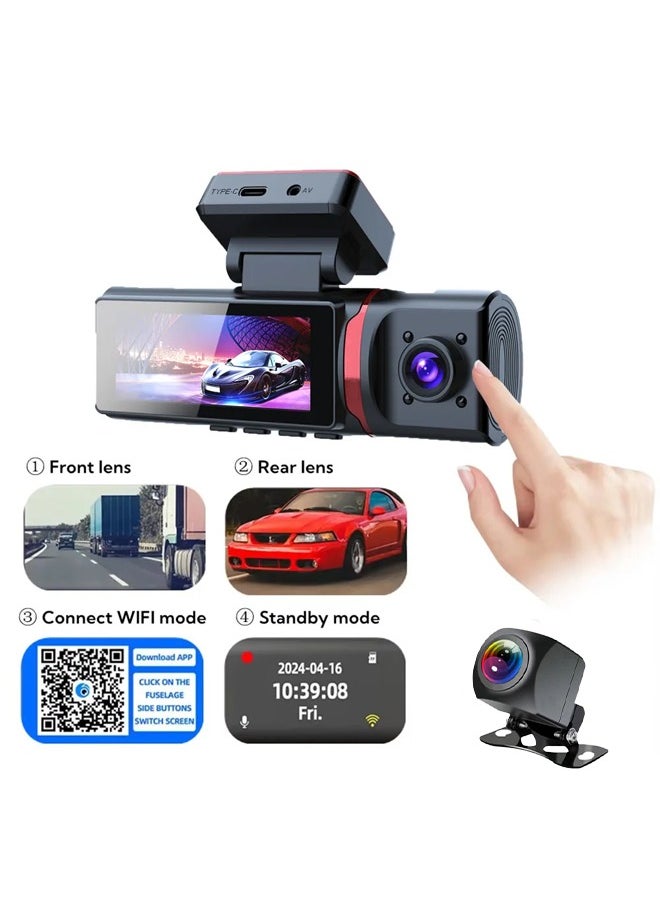 3 Channel Car DVR UHD 3840*2160 4K 3-Lens Inside Vehicle Dash Cam Recorder Video Registrator GPS Camcorder Free 64GB SD Card