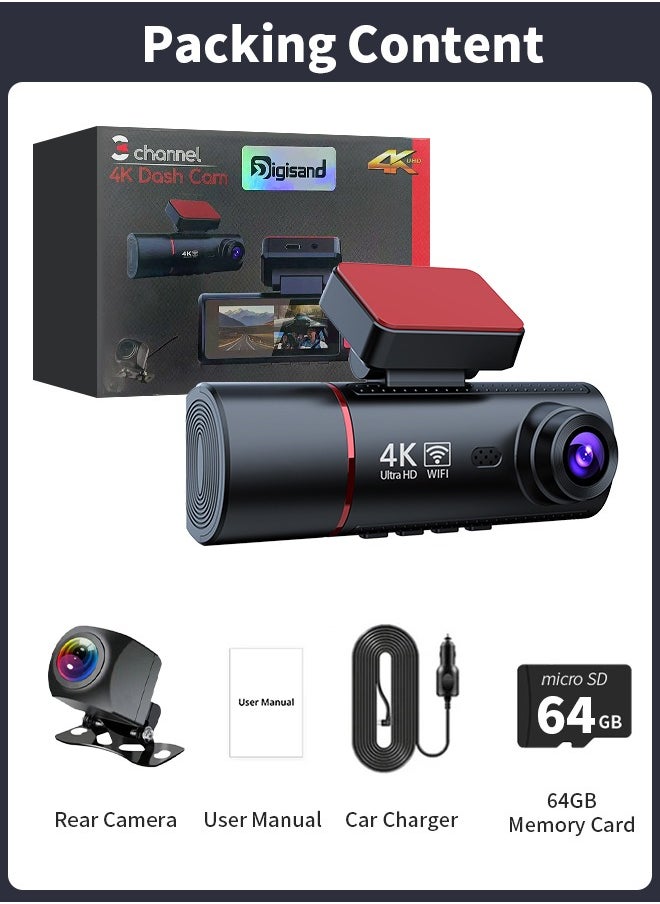 3 Channel Car DVR UHD 3840*2160 4K 3-Lens Inside Vehicle Dash Cam Recorder Video Registrator GPS Camcorder Free 64GB SD Card