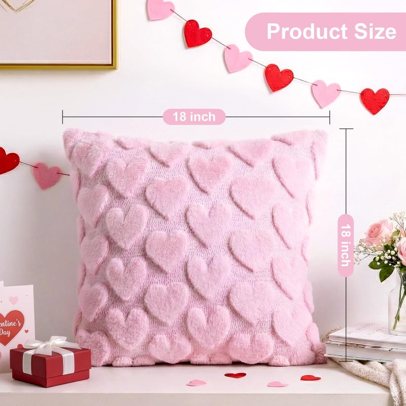 OLANRUN Valentines Pillow Covers 18x18 Inch Set of 2, Valentines Day Decorations Pink Soft Plush Faux Fur Jacquard Heart Throw Pillow Covers for Couch Sofa Home Office Living Room Bedroom Decor (Pink) - Image 3