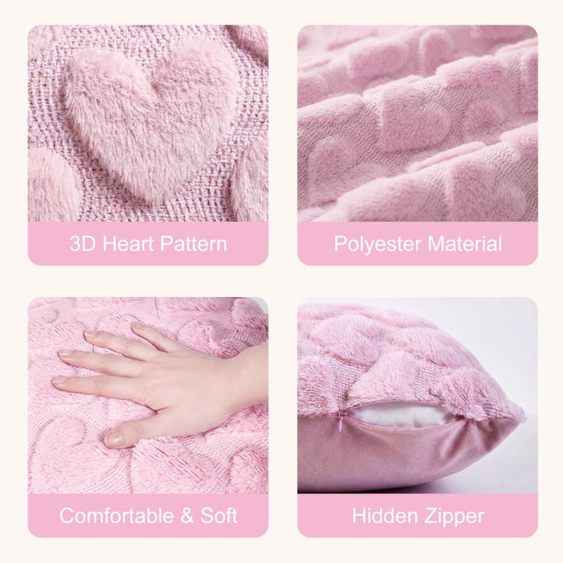 OLANRUN Valentines Pillow Covers 18x18 Inch Set of 2, Valentines Day Decorations Pink Soft Plush Faux Fur Jacquard Heart Throw Pillow Covers for Couch Sofa Home Office Living Room Bedroom Decor (Pink) - Image 2