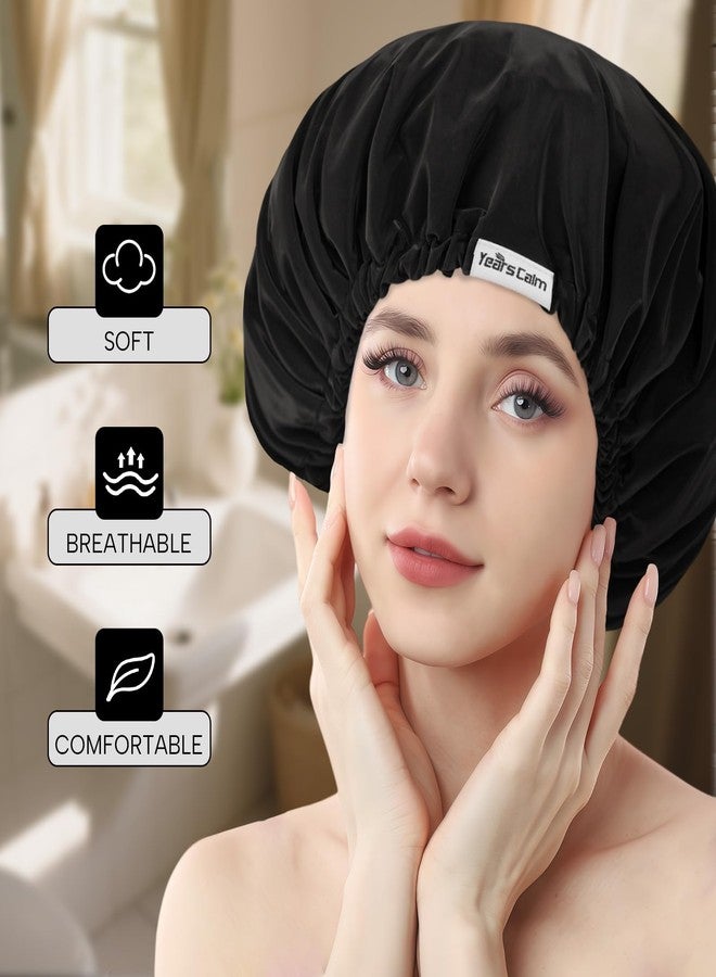 Years calm Shower Cap Reusable Waterproof, Double-Layer Hair Cap for Women, with Elastic Band, Ideal for Shower, Spa, Travel & Cleaning (black, One Size) - Image 2