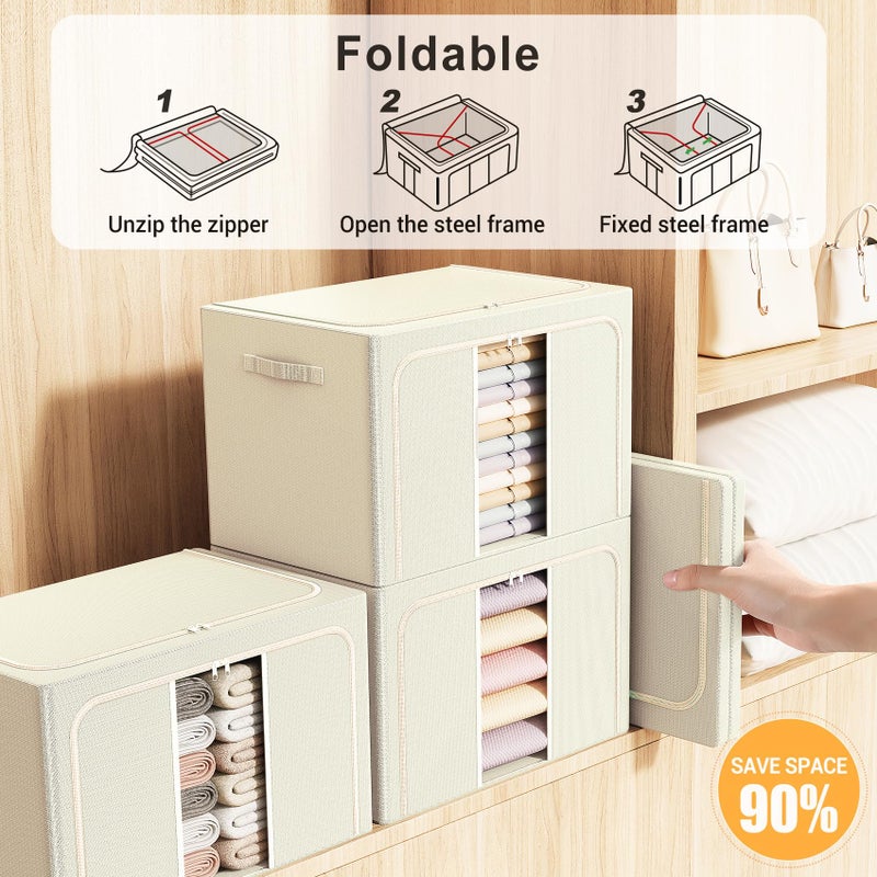LeArex Clothes Storage Bins with Metal Frame, Foldable Clothes Organizers Storage Containers for Clothes, Sheets, Blankets, Pillows and Towels (66L, 3 Pack) Beige - Image 4