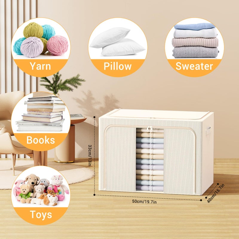 LeArex Clothes Storage Bins with Metal Frame, Foldable Clothes Organizers Storage Containers for Clothes, Sheets, Blankets, Pillows and Towels (66L, 3 Pack) Beige - Image 2
