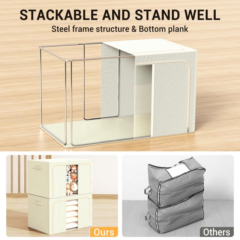 LeArex Clothes Storage Bins with Metal Frame, Foldable Clothes Organizers Storage Containers for Clothes, Sheets, Blankets, Pillows and Towels (66L, 3 Pack) Beige - Image 3