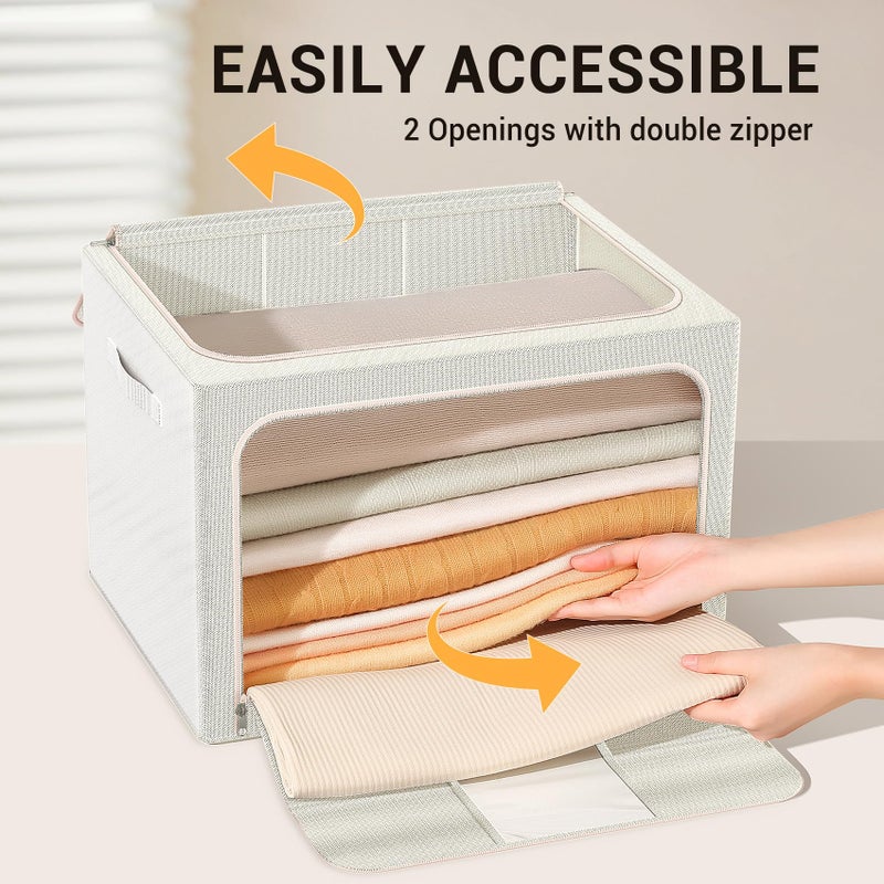 LeArex Clothes Storage Bins with Metal Frame, Foldable Clothes Organizers Storage Containers for Clothes, Sheets, Blankets, Pillows and Towels (66L, 3 Pack) Beige - Image 5