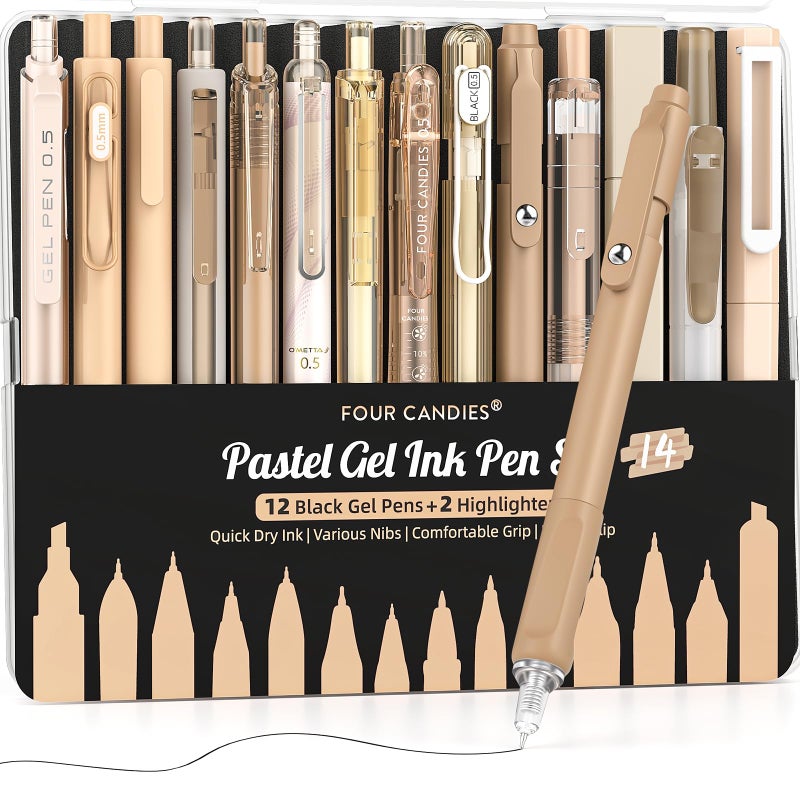 Four Candies مجموعة أقلام جيل بألوان باستيل 14 قطعة، أقلام قابلة للسحب 0.5 مم بنقطة دقيقة، أقلام ملاحظات جمالية، 12 قلم حبر أسود مع 2 قلم هايلايتر، أقلام كتابة سلسة للمدرسة والمكتب (بني) - Image 1
