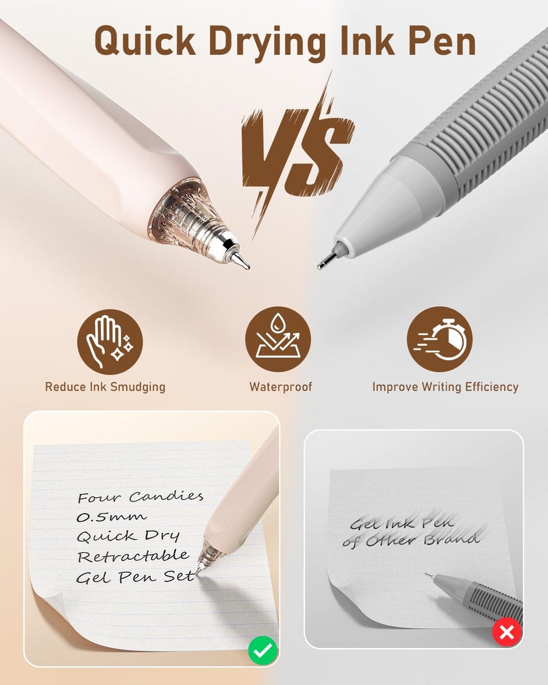 Four Candies مجموعة أقلام جيل بألوان باستيل 14 قطعة، أقلام قابلة للسحب 0.5 مم بنقطة دقيقة، أقلام ملاحظات جمالية، 12 قلم حبر أسود مع 2 قلم هايلايتر، أقلام كتابة سلسة للمدرسة والمكتب (بني) - Image 4