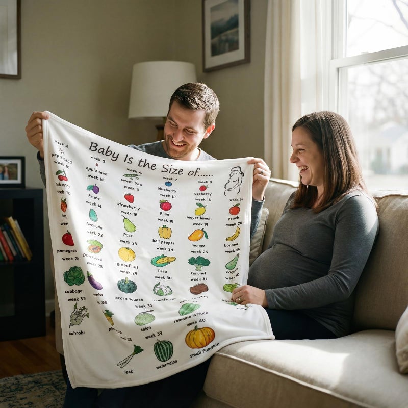 Tegeme Pregnancy Gifts for Expecting New Mom Blanket First Trimester Essentials Weekly Baby Growth Tracker in Fruit Veg Pregnancy Congratulation Gift for Expecting Parents Couple Countdown Maternity - Image 4