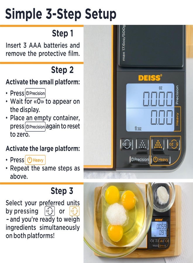 Deiss PRO Dual Platform Digital Kitchen and Food Scale - 11lb Capacity & 17.6oz Capacity Precision Kitchen Scale, Digital Scale for Baking, Cooking, Meal Prep, Food Scales Grams and Ounces - Image 3