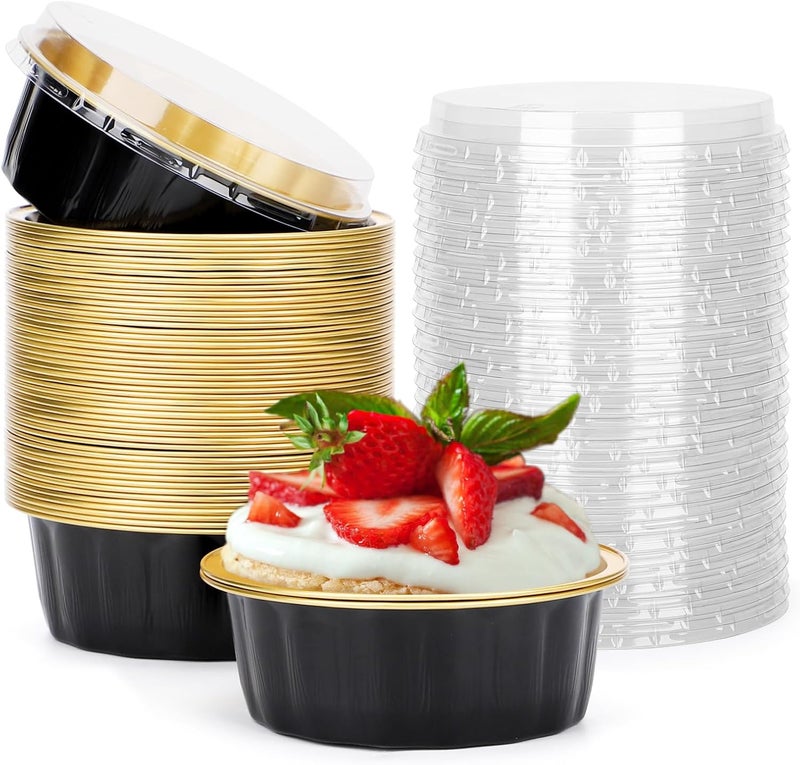Beasea Disposable Ramekins with Lids, 8 oz 50 Pack Black Gold Aluminum Foil Cups, Disposable Creme Brulee Muffin Cupcake Baking Cup Mini Pudding Cups for Party Wedding Birthday - Image 1