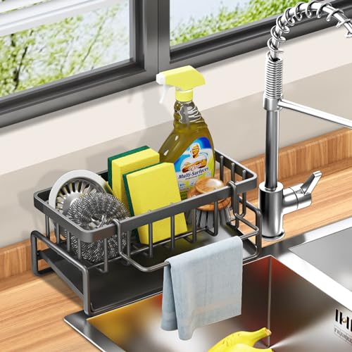 PETXPERT Sponge Holder for Kitchen Sink SelfDrainage Kitchen Sink Caddy Rustproof Steel Dish Sponge Organizer with Removable Dishcloth Rack Soap Dispenser Brush Holder Storage for Bathroom Black
